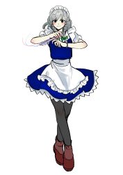 Rule 34 | 1girl, absurdres, ankle strap, apron, black pantyhose, blue dress, blue eyes, boots, braid, brown footwear, closed mouth, collared shirt, dress, flat chest, frilled apron, frilled dress, frills, grey hair, highres, holding, holding knife, izayoi sakuya, knife, korean commentary, kuya (hey36253625), maid, maid headdress, medium hair, neck ribbon, pantyhose, puffy short sleeves, puffy sleeves, ribbon, shirt, short sleeves, simple background, sketch, smile, solo, touhou, twin braids, waist apron, watch, white apron, white background, white shirt, wristwatch
