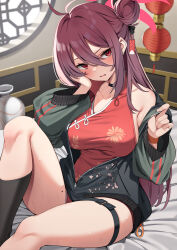 1girl absurdres black_choker black_socks blue_archive blush breasts china_dress chinese_clothes choker collarbone dress green_jacket hair_bun highres indoors jacket kneehighs large_breasts mole mole_on_chest mole_on_thigh off_shoulder parted_lips partially_unzipped red_dress red_eyes red_hair reijo_(blue_archive) single_bare_shoulder single_hair_bun sitting socks solo suiroh_(shideoukami) thigh_strap thighs