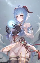 Rule 34 | 1girl, absurdres, ahoge, bare shoulders, bell, black gloves, black thighhighs, blue hair, blush, bow, bow panties, breasts, closed mouth, cowboy shot, detached sleeves, floating, floating object, flower knot, ganyu (genshin impact), genshin impact, gloves, glowing, gold trim, grey background, highres, horns, kie (wylee2212), long hair, long sleeves, low ponytail, medium breasts, neck bell, orb, panties, purple eyes, red ribbon, ribbon, sidelocks, smile, solo, tassel, thighhighs, thighlet, underwear, very long hair, vision (genshin impact), white panties, white sleeves