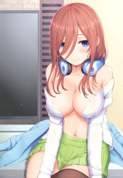 Rule 34 | 1girl, black pantyhose, blue cardigan, blush, breasts, brown hair, cardigan, cleavage, clothes pull, go-toubun no hanayome, hair between eyes, headphones, headphones around neck, highres, inanaki shiki, large breasts, long hair, looking at viewer, nakano miku, navel, no bra, off shoulder, open clothes, open shirt, pantyhose, pantyhose pull, pleated skirt, sitting, skirt, smile, solo