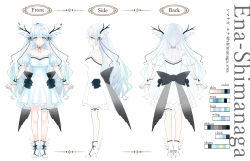 Rule 34 | 1girl, absurdres, ankle boots, antlers, arms at sides, bird, blue dress, blue eyes, blue hair, boots, breasts, bridal garter, character name, character sheet, choker, closed mouth, color guide, dress, english text, hair ribbon, high heels, highres, horns, indie virtual youtuber, konataeru, light blue hair, long hair, looking at viewer, medium breasts, multiple views, nail polish, off-shoulder dress, off shoulder, ribbon, ribbon choker, second-party source, shimanaga ena, short sleeves, turnaround, virtual youtuber
