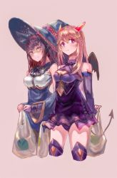 Rule 34 | bag, black headwear, black wings, breasts, brown background, brown hair, cleavage, cleavage cutout, clothing cutout, detached sleeves, dress, hat, highres, horns, long hair, long sleeves, looking at viewer, medium breasts, monster girl, pixiv fantasia, pixiv fantasia last saga, purple dress, purple eyes, purple legwear, shopping bag, simple background, smile, standing, tail, thighhighs, verbalthought, wide sleeves, wings, witch hat