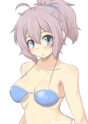 Rule 34 | 1girl, absurdres, ahoge, aoba (kancolle), artist name, bikini, blue bikini, blue eyes, blush stickers, breasts, commentary request, covered erect nipples, goma (gomasamune), hair between eyes, hair ornament, hair scrunchie, highres, kantai collection, long hair, looking at viewer, medium breasts, pink hair, ponytail, scrunchie, solo, swimsuit, twitter username, upper body, white background