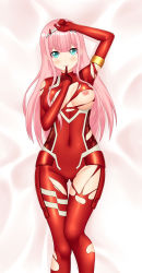Rule 34 | 10s, 1girl, absurdres, aqua eyes, bad id, bad pixiv id, blunt bangs, blush, bodysuit, breasts, covered navel, dakimakura (medium), darling in the franxx, finger gun, finger to mouth, gluteal fold, hairband, highres, horns, keshigomu, large breasts, long hair, looking at viewer, lying, nipples, on back, pilot suit, pink hair, red bodysuit, smile, solo, straight hair, tongue, tongue out, torn bodysuit, torn clothes, white hairband, zero two (darling in the franxx)