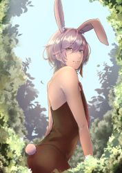 Rule 34 | 1boy, animal ears, asagiri0700, ass, bare arms, blue sky, closed mouth, commentary request, crossdressing, day, earrings, forest, green eyes, highres, holostars, jewelry, leaf, light brown hair, male focus, male playboy bunny, nature, necktie, off shoulder, outdoors, pants, rabbit ears, rabbit tail, red necktie, rikka (holostars), short hair, sky, smile, solo, tail, virtual youtuber