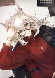 Rule 34 | 1girl, absurdres, ahoge, alternate costume, animal ears, asymmetrical hair, black-framed eyewear, black jacket, blush, braid, breasts, commentary, ear piercing, english commentary, fox ears, from above, glasses, glint, green eyes, grey background, grin, hair between eyes, highres, hololive, jacket, jewelry, leather, leather jacket, long hair, looking at viewer, lying, nail polish, necklace, notebook, off shoulder, on back, open clothes, open jacket, piercing, red nails, red sweater, round eyewear, shirakami fubuki, side braid, silver hair, simple background, single braid, small breasts, smile, solo, sweater, teeth, tsumeki, turtleneck, turtleneck sweater, two-sided fabric, two-sided jacket, upper body, virtual youtuber