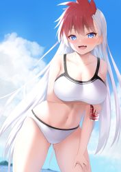 Rule 34 | 1girl, :d, arm under breasts, bikini, blue eyes, blue sky, breast hold, breasts, can, cleavage, cloud, collarbone, commentary request, commission, day, fang, ghost sweeper mikami, hand on own leg, highres, holding, holding can, large breasts, long hair, lunaris urufi, multicolored hair, navel, open mouth, outdoors, pixiv commission, red hair, skin fang, sky, smile, solo, standing, stomach, swimsuit, tatsumiya kagari, tsurime, two-tone hair, very long hair, white bikini, white hair
