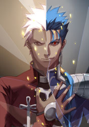 Rule 34 | 2boys, archer (fate), blue bodysuit, blue hair, bodysuit, brown background, closed mouth, cu chulainn (fate), cu chulainn (fate/stay night), dark-skinned male, dark skin, eilinna, expressionless, fate/stay night, fate (series), grey background, grey eyes, grin, long hair, looking at viewer, male focus, multiple boys, ponytail, red eyes, shoulder pads, smile, split theme, upper body, white hair
