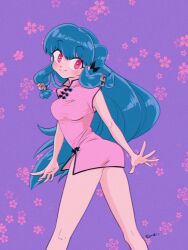 1girl bell black_bow blue_hair bow chinese_clothes dress floral_background hair_bell hair_bow hair_ornament highres kme microdress pink_dress pink_eyes purple_background ranma_1/2 shampoo_(ranma_1/2) side_slit sidelocks signature smile