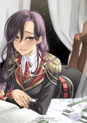 Rule 34 | 1girl, absurdres, bed, belt, book, brown thighhighs, curtains, eyebrows hidden by hair, gloves, hair between eyes, highres, indoors, long hair, looking at viewer, lying, military, military uniform, nail polish, necktie, night, night sky, open mouth, original, purple hair, red hair, shirt, sky, smile, solo, tatsuma daisuke, thighhighs, uniform, white gloves
