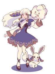 Rule 34 | 1girl, chimney (chimney0311), creatures (company), dress, eevee, fire emblem, fire emblem: three houses, flat color, game freak, gen 1 pokemon, gen 6 pokemon, hair ornament, highres, licking lips, long hair, lysithea von ordelia, nintendo, pink eyes, pokemon, pokemon (creature), solo, swirlix, tongue, tongue out, white background, white hair