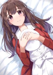 Rule 34 | 1girl, alternate hair length, alternate hairstyle, bed sheet, beret, blush, bow, brown eyes, brown hair, closed mouth, coat, collar, commentary, dress, dutch angle, eyelashes, from above, hair between eyes, hair down, hands up, hat, highres, holding, holding clothes, holding hat, katou megumi, long hair, long sleeves, looking at viewer, lying, on back, open clothes, open coat, own hands together, red coat, saenai heroine no sodatekata, smile, solo, tareme, unworn hat, unworn headwear, upper body, white bow, white collar, white dress, yanagi marie