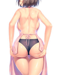 Rule 34 | 1girl, a.x., absurdres, apron, ass, ass grab, back, backboob, black panties, blush, breasts, cowboy shot, from behind, grabbing own ass, hands on ass, head out of frame, highres, huge ass, large breasts, open mouth, original, panties, pink apron, pixiv12364994, shiny skin, short hair, sideways mouth, simple background, solo, standing, sweat, thigh gap, thighhighs, thighs, underwear, wedgie, white background