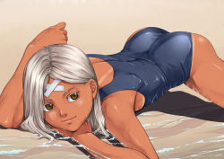 Rule 34 | 1girl, ass, back, bad id, bad pixiv id, bandages, beach, brown eyes, face, himegami shino, long hair, one-piece swimsuit, original, sand, school swimsuit, shadow, silver hair, solo, swimsuit, tan, tanline, top-down bottom-up, water