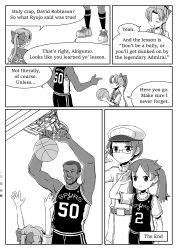 Rule 34 | 10s, 1boy, 3girls, akigumo (kancolle), ball, basketball, basketball (object), basketball hoop, basketball uniform, color guide, comic, dark-skinned male, dark skin, david robinson, english text, facial hair, female admiral (kancolle), glasses, greyscale, grin, hair ribbon, hair tie, height difference, high ponytail, highres, kantai collection, monochrome, multiple girls, national basketball association, playing sports, pointing, real life, ribbon, ryuujou (kancolle), salute, san antonio spurs, sixten, slam dunk (basketball), smile, sportswear, twintails