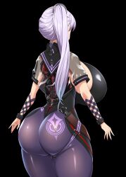 Rule 34 | 1girl, alternate costume, ass, black background, bodysuit, breasts, cosplay, curvy, eve (stellar blade), eve (stellar blade) (cosplay), from behind, hair ornament, highres, huge ass, huge breasts, kloah, long hair, mechanical parts, multicolored bodysuit, multicolored clothes, multiple bracelets, nail polish, purple hair, purple nails, sailor collar, science fiction, see-through, see-through sleeves, short sleeves, side ponytail, sideboob, simple background, solo, stellar blade, thick thighs, thighs, turtleneck, turtleneck bodysuit, vocaloid, yuzuki yukari