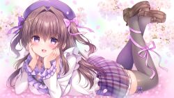 Rule 34 | 1girl, :d, beret, blush, bow, breasts, brown footwear, brown hair, cherry blossoms, commentary request, crossed ankles, flower, frilled sleeves, frills, grey thighhighs, hair between eyes, hair bow, hair intakes, hair ornament, hairclip, hat, highres, kouta., leg ribbon, legs up, loafers, long hair, long sleeves, looking at viewer, lying, medium breasts, nail polish, on stomach, open mouth, original, petals, pink bow, pink nails, plaid, plaid skirt, pleated skirt, purple eyes, purple hat, purple ribbon, purple skirt, ribbon, shirt, shoes, skirt, smile, solo, thighhighs, two side up, very long hair, white flower, white shirt, x hair ornament