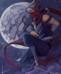 Rule 34 | 1boy, bandages, belt, capcom, cloud, half mask, half moon, japanese clothes, john liriano, male focus, mask, moon, mouth mask, night, ninja, red scarf, scarf, solo, spiked hair, star (symbol), strider (video game), strider hiryuu, sword, weapon