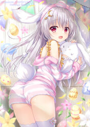 Rule 34 | 1girl, :d, ameto yuki, animal, animal ears, bow, commentary request, crescent, crescent hair ornament, easter, easter egg, egg, floppy ears, flower, from behind, grey hair, hair between eyes, hair bow, hair ornament, hairband, heart, holding, holding animal, jacket, long hair, long sleeves, looking at viewer, looking back, loungewear, off shoulder, open mouth, original, pennant, petals, pink flower, pink hairband, rabbit, rabbit ears, rabbit girl, rabbit tail, red eyes, short shorts, shorts, sleeves past wrists, smile, solo, string of flags, striped bow, striped clothes, striped jacket, striped shorts, tail, thighhighs, twitter username, very long hair, white flower, white thighhighs, wooden wall, yellow flower