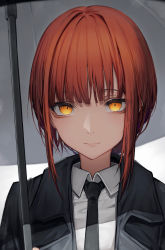 Rule 34 | 1girl, absurdres, black jacket, black necktie, chainsaw man, commentary request, highres, holding, holding umbrella, jacket, makima (chainsaw man), necktie, red hair, shirt, solo, tab head, umbrella, upper body, white shirt, yellow eyes