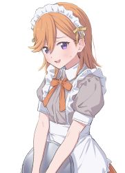 Rule 34 | 1girl, apron, bow, bowtie, brown shirt, frilled apron, frills, hair between eyes, highres, holding, holding tray, long hair, looking at viewer, love live!, love live! superstar!!, maid, maid apron, maid headdress, mikazuchi zeus, orange bow, orange bowtie, orange hair, orange skirt, parted lips, puffy short sleeves, puffy sleeves, purple eyes, shibuya kanon, shirt, short sleeves, simple background, skirt, solo, standing, tray, white background