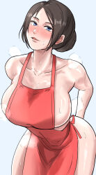 Rule 34 | 1girl, absurdres, apron, arms behind back, blue eyes, blush, breasts, brown hair, collarbone, hair bun, highres, large breasts, leaning forward, light smile, looking at viewer, mature female, miya nns35, mole, mole under eye, naked apron, original, parted lips, red apron, seductive smile, sideboob, sidelocks, simple background, smile, solo, steam, steaming body, sweat, thick thighs, thighs