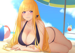 Rule 34 | 1girl, :d, absurdres, bad id, bad pixiv id, ball, bare shoulders, beach, beach umbrella, beachball, bendy straw, bikini, black bikini, blonde hair, blue oath, blue sky, blunt bangs, blush, breasts, cleavage, cloud, cocktail, collarbone, commentary request, cup, day, drink, drinking glass, drinking straw, eyelashes, fingernails, front-tie bikini top, front-tie top, hair between eyes, halterneck, highres, horizon, hurricane glass, kirou (kiruyuu1210), large breasts, long hair, looking at viewer, lying, multi-strapped bikini, multiple straps, navel, ocean, on side, open mouth, outdoors, prince of wales (blue oath), purple eyes, sand, sky, smile, solo, stomach, string bikini, swimsuit, table, teeth, tropical drink, umbrella, very long hair, water