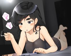 Rule 34 | 1girl, ?, absurdres, barefoot, black dress, black eyes, black hair, blush, breasts, cellphone, cigarette, cleavage, commentary request, dress, eyebrow cut, full body, highres, holding, holding cigarette, indoors, junk gaming maiden, kitsunerider, large breasts, long hair, looking at phone, looking down, lying, mole, mole on cheek, mole under mouth, on stomach, onizuka saori, open mouth, phone, short dress, sleeveless, sleeveless dress, smartphone, smoke, solo, spoken question mark, swept bangs, the pose, thick eyebrows