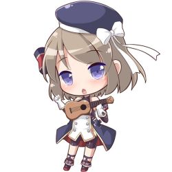 Rule 34 | 1girl, azur lane, bad id, bad twitter id, bare shoulders, beret, bike shorts, black shorts, black sleeves, blue dress, blush, bow, brown hair, chestnut mouth, chibi, commentary request, cross, detached sleeves, dress, full body, gloves, guitar, hair bow, hat, head tilt, holding, holding instrument, instrument, iron cross, long hair, long sleeves, memorii (memory 0w0), music, parted lips, playing instrument, purple eyes, purple hat, short shorts, shorts, shorts under dress, simple background, sleeveless, sleeveless dress, solo, standing, striped, striped bow, tilted headwear, white background, white bow, white gloves, z23 (azur lane)