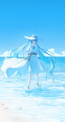 Rule 34 | 1girl, absurdly long hair, absurdres, aqua hair, arms behind back, black ribbon, blue sky, chinese commentary, clear sky, closed eyes, cloud, commentary request, day, dress, floating hair, flower, full body, hargow, hat, hat flower, hatsune miku, highres, long hair, neck ribbon, ocean, open mouth, outdoors, ribbon, short sleeves, sidelocks, sky, smile, solo, standing, twintails, very long hair, vocaloid, wading, water, white dress, white hat, wide shot