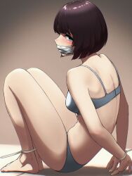 1girl arms_behind_back barefoot blue_eyes bra breasts brown_hair dochi_(dosa_dosa_dosa) from_side gag gagged highres improvised_gag medium_breasts medium_hair original panties restrained tape tape_gag underwear