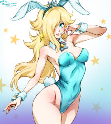 Rule 34 | 1girl, 2023, alternate costume, animal ears, artist name, bare shoulders, blonde hair, blue eyes, blue leotard, blush, breasts, cleavage, commentary, covered navel, dated, detached collar, earrings, english commentary, fake animal ears, fake tail, fingernails, hair over one eye, highleg, highleg leotard, jewelry, leotard, lips, long hair, looking at viewer, mario (series), medium breasts, mina cream, nintendo, one eye covered, pink lips, playboy bunny, purple nails, rabbit tail, rosalina, solo, strapless, strapless leotard, super mario galaxy, tail, thighs, very long hair, wrist cuffs