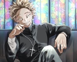 Rule 34 | barururunru, blonde hair, boku no hero academia, cross, earrings, eye contact, eyeliner, facial hair, half-closed eyes, hawks (boku no hero academia), jewelry, leaning to the side, looking at another, looking at viewer, lounging, makeup, messy hair, necklace, priest, shirt, smile, solo, teeth, white shirt