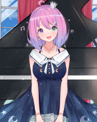 Rule 34 | 1girl, :d, ahoge, bare arms, blue dress, bob cut, bracelet, breasts, candy hair ornament, crescent, crescent earrings, crown, dress, earrings, food-themed hair ornament, gradient hair, grand piano, green eyes, hair ornament, hairclip, heterochromia, highres, himemori luna, himemori luna (sundress), hololive, instrument, jewelry, large breasts, looking at viewer, mi taro333, mini crown, multicolored hair, musical note, off-shoulder dress, off shoulder, open mouth, piano, pink hair, princess, purple eyes, purple hair, sailor collar, sailor dress, short hair, smile, solo, tilted headwear, virtual youtuber