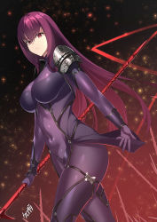 Rule 34 | 1girl, armor, bodysuit, breasts, covered navel, fate/grand order, fate (series), gae bolg (fate), hair between eyes, highres, kurozawa yui, large breasts, long hair, looking at viewer, pauldrons, polearm, purple bodysuit, purple hair, red eyes, scathach (fate), shoulder armor, solo, spear, thighs, weapon