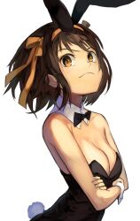 Rule 34 | 1girl, animal ears, bare arms, bare shoulders, black bow, black bowtie, black leotard, bow, bowtie, breasts, brown eyes, brown hair, cleavage, closed mouth, collarbone, crossed arms, detached collar, fake tail, floating hair, from side, hair ribbon, hairband, highres, leotard, medium breasts, medium hair, nasubin (nasubisamurai15), official alternate costume, orange hairband, orange ribbon, playboy bunny, rabbit ears, rabbit tail, ribbon, simple background, smile, solo, strapless, strapless leotard, suzumiya haruhi, suzumiya haruhi no yuuutsu, tail, white background, wrist cuffs