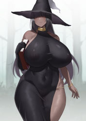 Rule 34 | 1girl, asakura kukuri, bare arms, bare shoulders, black dress, black gloves, black hair, blunt bangs, book, borrowed character, bracelet, breasts, character request, commentary request, copyright request, covered erect nipples, covered navel, cowboy shot, curvy, dark-skinned female, dark skin, dress, elbow gloves, facing viewer, gloves, hair over eyes, halter dress, halterneck, hat, highres, holding, holding book, huge breasts, impossible clothes, impossible dress, jewelry, long hair, narrow waist, neckly (fujou joshi), nipples, panties, panty peek, see-through, shaded face, side slit, single elbow glove, skin tight, sleeveless, sleeveless dress, solo, thong, underwear, very long hair, wide hips, witch, witch hat