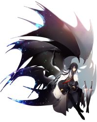 Rule 34 | 1boy, black gloves, black hair, black jacket, black pants, cape, copyright request, full body, gloves, highres, jacket, long hair, looking at viewer, male focus, multiple wings, pants, red eyes, seucapeu, solo, sword, transparent background, weapon, white cape, wings