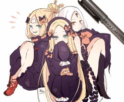 Rule 34 | 3girls, abigail williams (fate), abigail williams (traveling outfit) (fate), art tools in frame, black bow, black dress, black headwear, black jacket, black socks, blonde hair, blue eyes, bow, closed mouth, covered mouth, crossed bandaids, dress, fate/grand order, fate (series), forehead, grin, hair bow, hair bun, hat, heroic spirit festival outfit, highres, hugging object, jacket, kneehighs, knees up, long hair, long sleeves, looking at viewer, multiple girls, multiple persona, official alternate costume, orange bow, parted bangs, photo (medium), polka dot, polka dot bow, red eyes, red footwear, revealing clothes, sharp teeth, shoes, signature, single hair bun, sleeves past fingers, sleeves past wrists, smile, socks, sofra, stuffed animal, stuffed toy, teddy bear, teeth, traditional media, very long hair, white hair