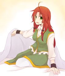 Rule 34 | 1girl, blanket, blush, braid, breasts, chinese clothes, come hither, green eyes, highres, hong meiling, lifting covers, long hair, looking at viewer, open mouth, pants, pants under skirt, red hair, shirt, sitting, skirt, skirt set, smile, solo, touhou, twin braids, very long hair, vest, yuuta (monochrome)