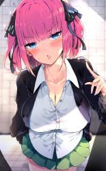 Rule 34 | 1girl, blue eyes, blunt bangs, breasts, cleavage, collarbone, commentary request, go-toubun no hanayome, green skirt, highres, kyuu (plastic night q), large breasts, looking at viewer, nakano nino, pink hair, pleated skirt, school uniform, shirt, short hair, skirt, solo, sweat, white shirt