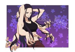 Rule 34 | 1girl, arm behind head, black hair, blue nails, border, character name, enaka67, extra arms, flower, gradient background, hana hana no mi, highres, light smile, long hair, looking at viewer, nico robin, one piece, purple background, solo, sports bra, upper body, white border