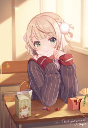Rule 34 | 1girl, blonde hair, blush, classroom, closed mouth, dated, desk, elbows on table, green eyes, grey shirt, hair ornament, highres, holding, holding pen, indie virtual youtuber, light brown hair, long sleeves, looking at viewer, milk carton, no headwear, pen, pinstripe pattern, pinstripe shirt, pom pom (clothes), pom pom hair ornament, school desk, self-portrait, shigure ui, shigure ui (vtuber) (1st costume), shigure ui (vtuber), shirt, short hair, signature, sleeve cuffs, smile, solo, striped, sunlight, sunset, virtual youtuber