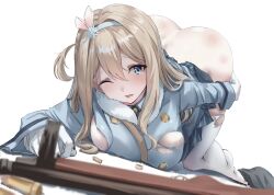 Rule 34 | 1girl, ass, blonde hair, blue eyes, blue hairband, blue jacket, blue skirt, blush, breasts, bullet, girls&#039; frontline, gloves, gun, hair between eyes, hair ornament, hairband, highres, jacket, large breasts, long hair, long sleeves, one eye closed, open mouth, shell casing, skirt, solo, submachine gun, suomi (girls&#039; frontline), suomi kp/-31, tears, thighhighs, top-down bottom-up, torn clothes, wano117 wa, weapon, white gloves, white thighhighs