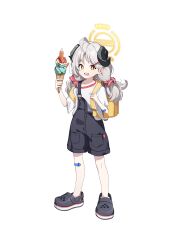Rule 34 | 1girl, absurdres, aged down, ahoge, backpack, bag, bandaid, bandaid on arm, bandaid on knee, bandaid on leg, black footwear, black horns, black overalls, black shorts, blue archive, collarbone, commentary, crocs, demon girl, demon horns, drooling, food, food art, food on face, full body, grey hair, hair ornament, hairclip, halo, highres, horns, ice cream, ice cream cone, izumi (blue archive), long hair, low twintails, mouth drool, open mouth, overall shorts, overalls, shirt, short sleeves, shorts, simple background, solo, standing, tachi-e, tako-san wiener, teeth, toombo12, twintails, upper teeth only, white background, white shirt, yellow bag, yellow halo