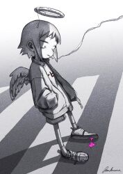 Rule 34 | 1girl, angel wings, broken halo, chewing gum, cigarette, commentary, crosswalk, english commentary, film grain, fluorescent lamp, greyscale, gum on shoe, halo, hands in pockets, highres, jacket, jonkumason, kyuupii-chan (jonkumason), looking down, monochrome, open clothes, open jacket, original, parted lips, print shirt, pull cord, shirt, shoes, short bangs, short hair, shorts, sidelocks, signature, smoke, smoking, sneakers, socks, solo, spot color, wings