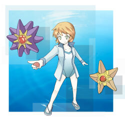 Rule 34 | 1girl, bare arms, breasts, creatures (company), game freak, gen 1 pokemon, green eyes, holding, holding poke ball, jacket, jacket over swimsuit, legs, long sleeves, misty (pokemon), nintendo, one-piece swimsuit, open clothes, open jacket, orange hair, poke ball, poke ball (basic), pokemon, pokemon hgss, short hair, small breasts, smile, solo, starmie, staryu, swimsuit, thighs, white one-piece swimsuit, yuki nana