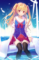 Rule 34 | 1girl, black thighhighs, blonde hair, blue shirt, blush, bow, closed mouth, clothing cutout, collarbone, commentary request, feathers, hair between eyes, hair ribbon, heart cutout, highres, irotoridori no sekai, ji dao ji, knees together feet apart, lab coat, long hair, long sleeves, looking at viewer, nikaidou shinku, open clothes, pleated skirt, red bow, red eyes, red ribbon, red skirt, ribbon, sailor collar, shirt, sitting, skirt, sleeveless, sleeveless shirt, sleeves past wrists, smile, solo, thighhighs, two side up, very long hair, water, white sailor collar
