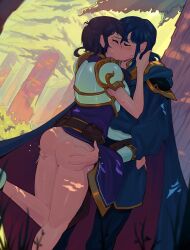 Rule 34 | 1boy, 1girl, armor, ass, ass grab, blue hair, blush, breastplate, cape, closed eyes, commission, commissioner upload, couple, fire emblem, fire emblem: genealogy of the holy war, forest, french kiss, grabbing another&#039;s ass, groping, hetero, highres, hug, kiss, larcei (fire emblem), leg up, nature, nintendo, no panties, pussy, pussy juice, pussy peek, seliph (fire emblem), short hair, skirt, standing, standing on one leg, sweat, timbocactus, tree