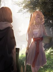 Rule 34 | 2girls, backlighting, bad id, bad pixiv id, bare arms, bare shoulders, basket, black jacket, blonde hair, brown hair, collarbone, commentary request, cuts, day, dress, eye contact, facial mark, fixro2n, forehead, forest, grey dress, gun, hair over one eye, highres, holding, holding basket, holding gun, holding weapon, injury, jacket, lake, long hair, looking at another, multiple girls, nature, original, outdoors, revision, torn clothes, torn jacket, tree, very long hair, water, weapon, weapon request, yellow eyes